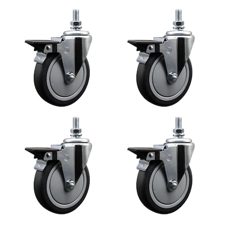 Service Caster 5 Inch Thermoplastic Rubber 10 MM Threaded Stem Caster Set with Brake SCC-TS20S514-TPRB-PLB-M1015-4